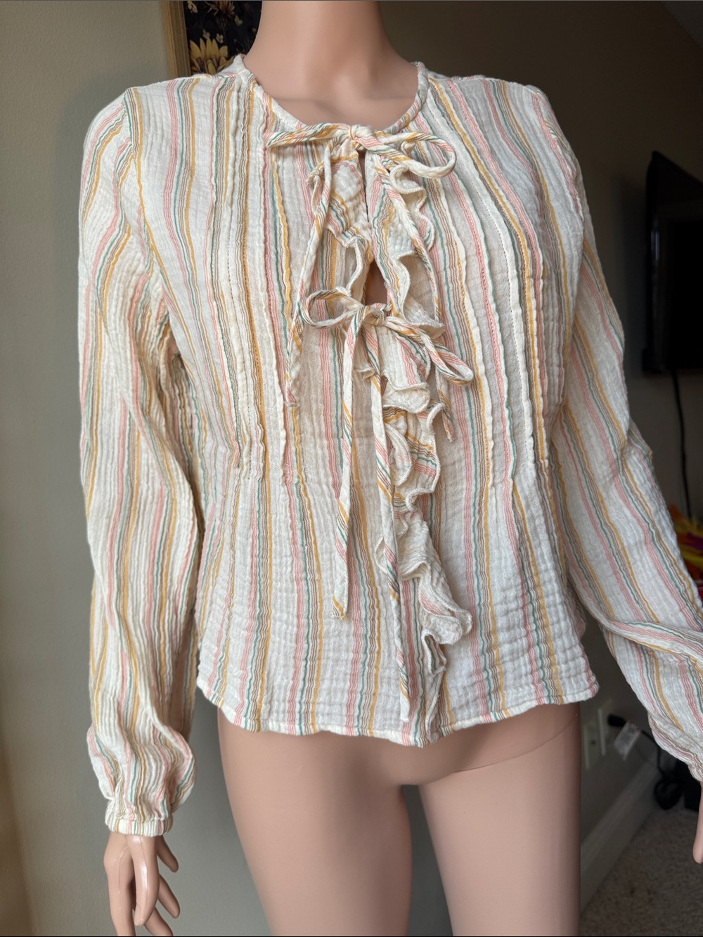 Jessica Simpson Cream Multicolor Striped Ruffle Tie Blouse
